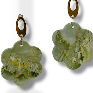 Handmade Modern Earrings, Three Different Flower Design, Dangle Earrings, Black and White Earrings, Green and Gold Earrings, Polymer Clay Ea