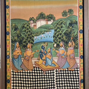 Lord Vishnu in Garden, Original Indian Miniature Art , 35" x 45"-EZ Jewelry and Decor