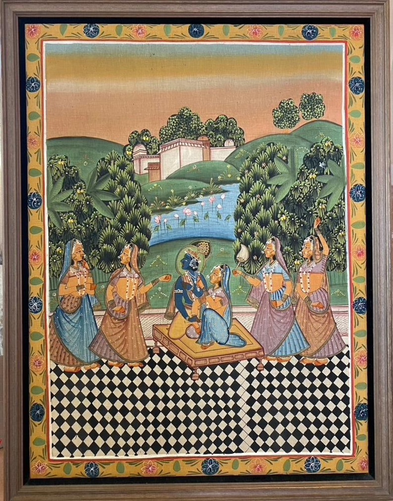 Lord Vishnu in Garden, Original Indian Miniature Art , 35" x 45"-EZ Jewelry and Decor