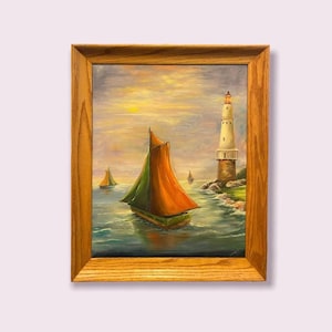 Light House and Boat, Acrylic painting Framed Original Painting. 20” x 16”