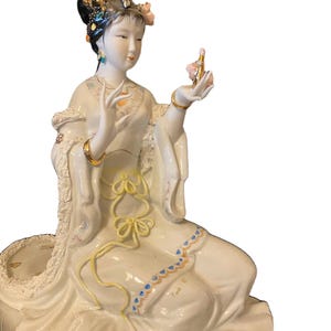 Geisha Holding a Flower. Vintage Handcrafted, Hand Painted, Porcelain Statue, Signed By a Chinese Master.