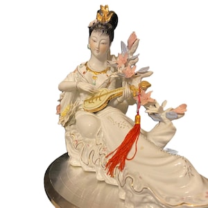 A Geisha Playing Lute. Handcrafted, Hand Painted, Porcelain Statue. 15.5” Vintage