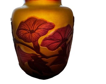 Antique Émile Gallé Handcrafted Vase 5”, 19th century Art Nouveau,  Morning Glory Floral Pattern 