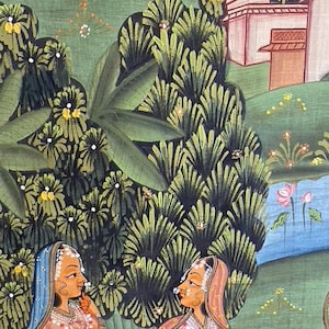 Lord Vishnu in Garden, Original Indian Miniature Art , 35" x 45"-EZ Jewelry and Decor