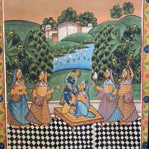 Lord Vishnu in Garden, Original Indian Miniature Art , 35" x 45"-EZ Jewelry and Decor