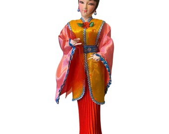 Vintage Geisha Doll , In traditional Kimono, Detailed, Taiwan Lady in Red & Pink, 15”