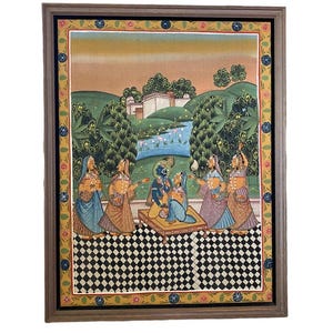 Lord Vishnu in Garden, Original Indian Miniature Art , 35" x 45"-EZ Jewelry and Decor
