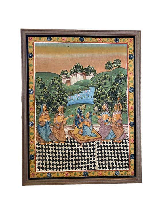 Lord Vishnu Indian Miniature Painting, Gouache Hindu Spiritual Wall Art (35" x 46")