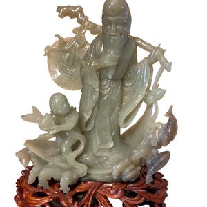 Rare Hand Carved Jade Statue: Man, Child, & Koi Fish on Carved Wooden Stand, 7.8” T, Japanese Sculpture