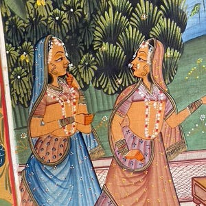 Lord Vishnu in Garden, Original Indian Miniature Art , 35" x 45"-EZ Jewelry and Decor