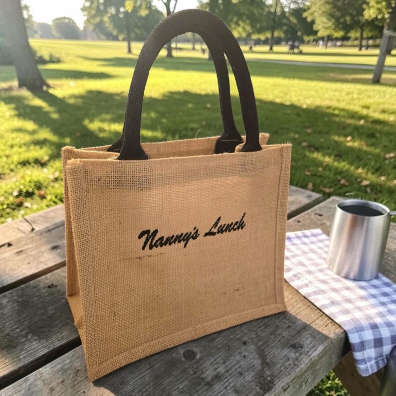 May include: A rectangular tan jute tote bag with two black fabric handles. The front of the bag features the text Nanny's Lunch embroidered in black script lettering. The bag has a structured base and sides, providing a stable upright shape.