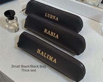 Personalized Makeup Brush Bag, Embroidered Name, Leather Look