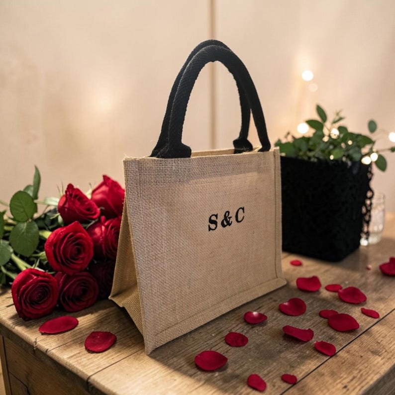 May include: A rectangular beige jute tote bag with two black rope handles. The front of the bag features the black printed letters S&C. The bag is positioned next to a bouquet of red roses and scattered red rose petals on a wooden surface.