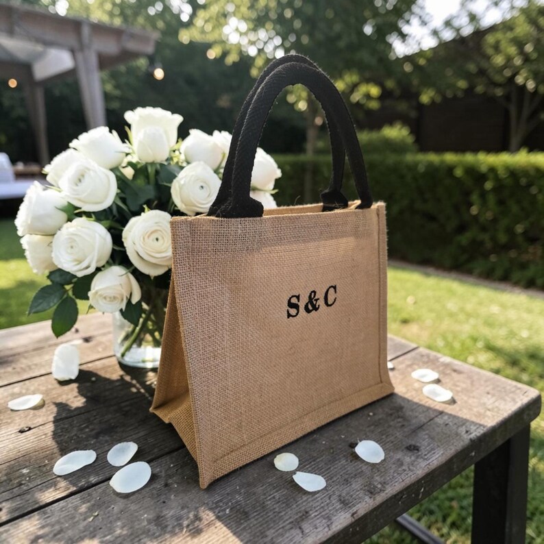 May include: A rectangular tan burlap tote bag with two black rope handles and the black letters S&C printed on the front. The bag is positioned next to a glass vase filled with white roses, with several white rose petals scattered nearby.