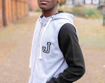 Personalized Varsity Hoodie: Embroidered Name, Grey & Black