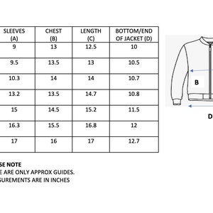 May include: Size chart for a jacket with measurements in inches for sleeves, chest, length, and bottom/end of jacket. The chart shows sizes for 6-12 months, 12-18 months, 18-24 months, 2-3 years, 3-4 years, 5-6 years, and 7-8 years.