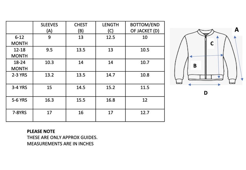 May include: Size chart for a jacket with measurements in inches for sleeves, chest, length, and bottom/end of jacket. The chart shows sizes for 6-12 months, 12-18 months, 18-24 months, 2-3 years, 3-4 years, 5-6 years, and 7-8 years.