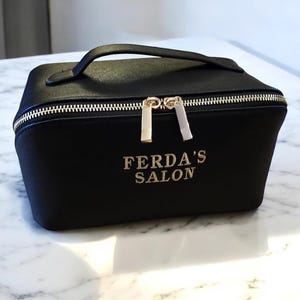 Monogram Makeup Leather Toiletry Bag, Personalised Open Flat & Leather Zip Cosmetic Vanity Bag for Gift