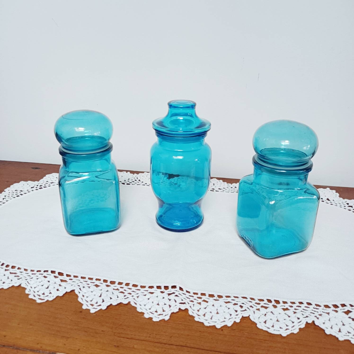 Lot de 3 Pots d'apothicaire en Verre Bleu, Pharmacie, Vintage