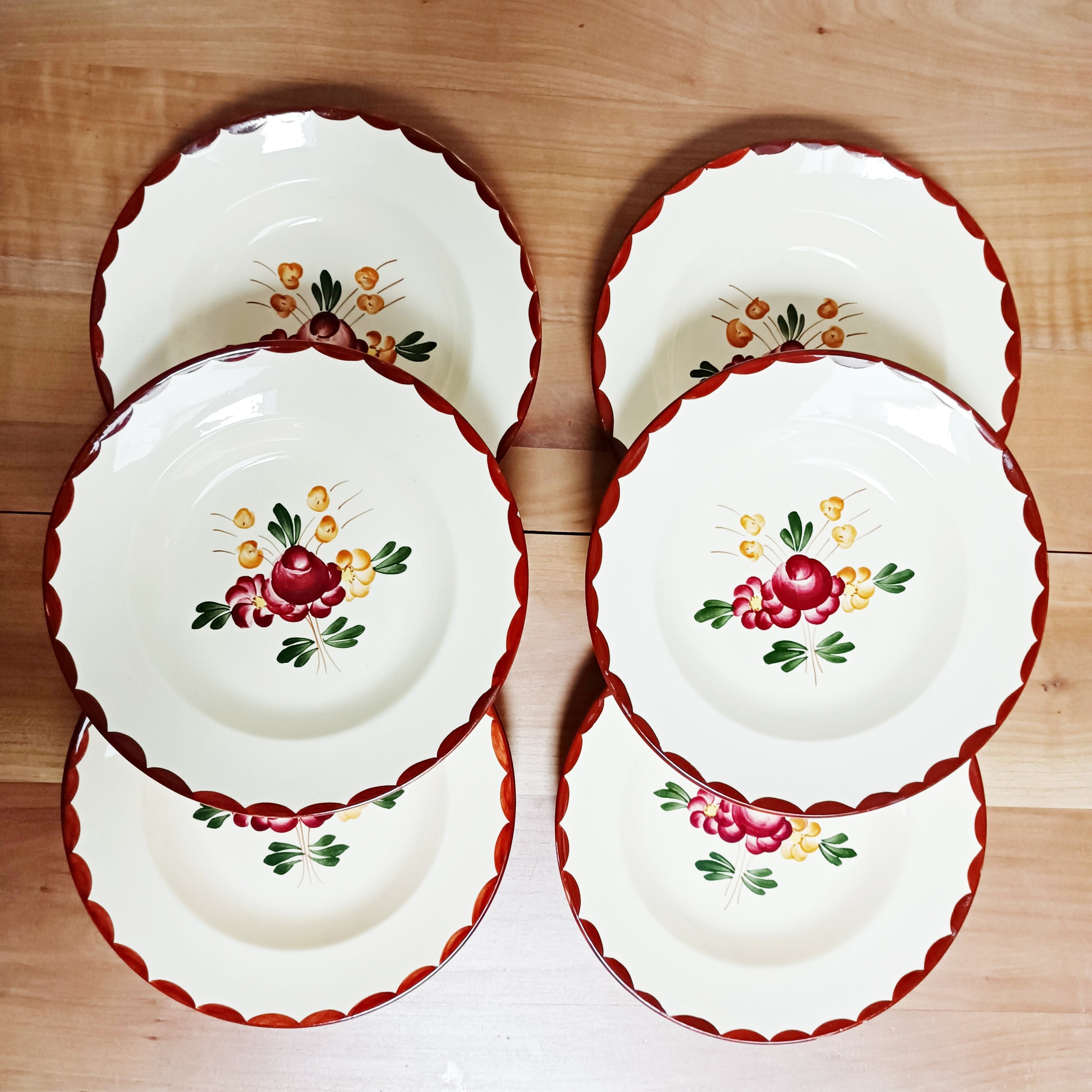 Lot de 6 Assiettes Creuses Longchamp Agen, Fleurs, Vintage