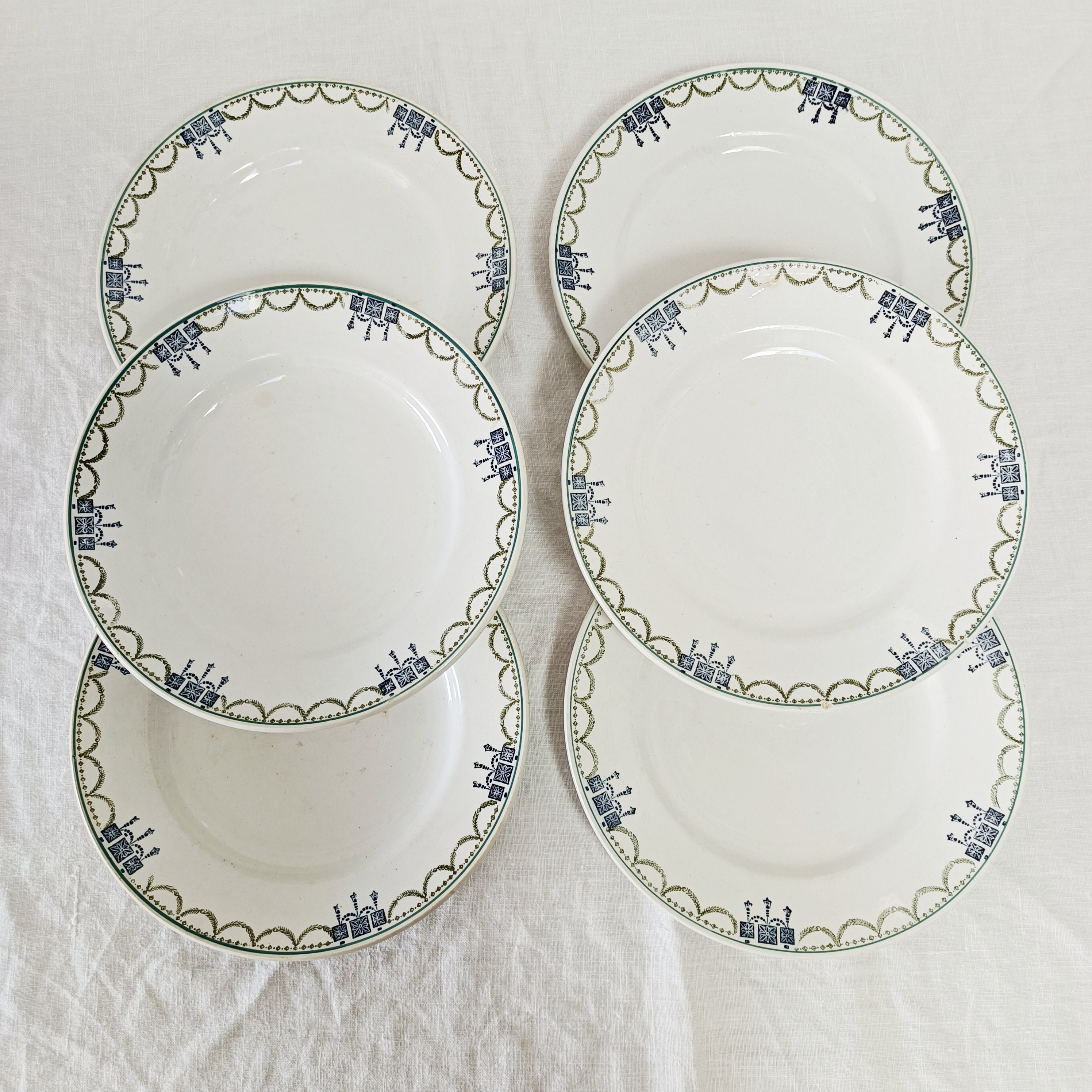 Lot de 6 Assiettes Plates, Terre Fer, Société Amandinoise, Vert Bleu, Vintage Ancien