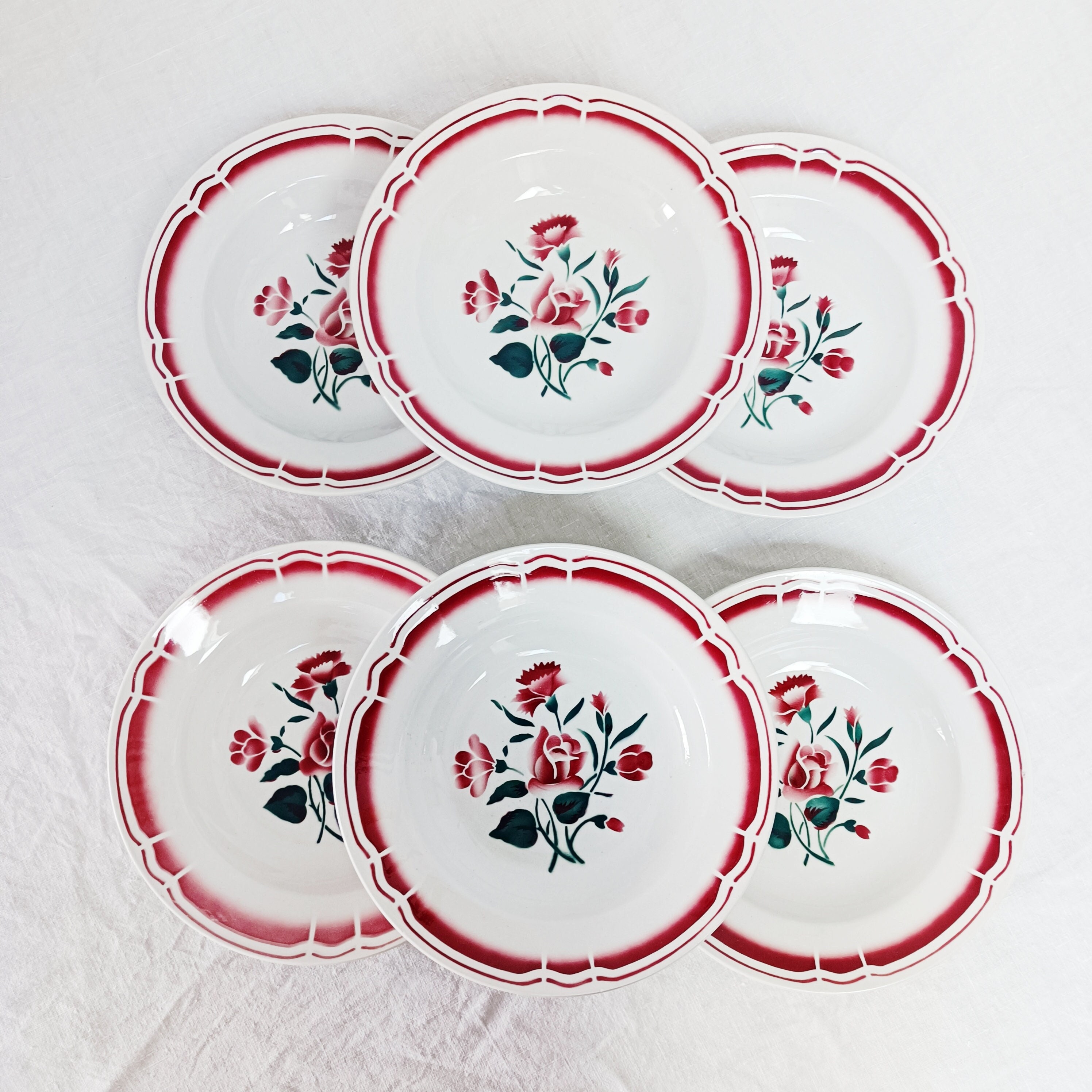 Lot de 6 Assiettes Creuses Fb Fenal Badonviller, Fleurs Rouges, Vintage