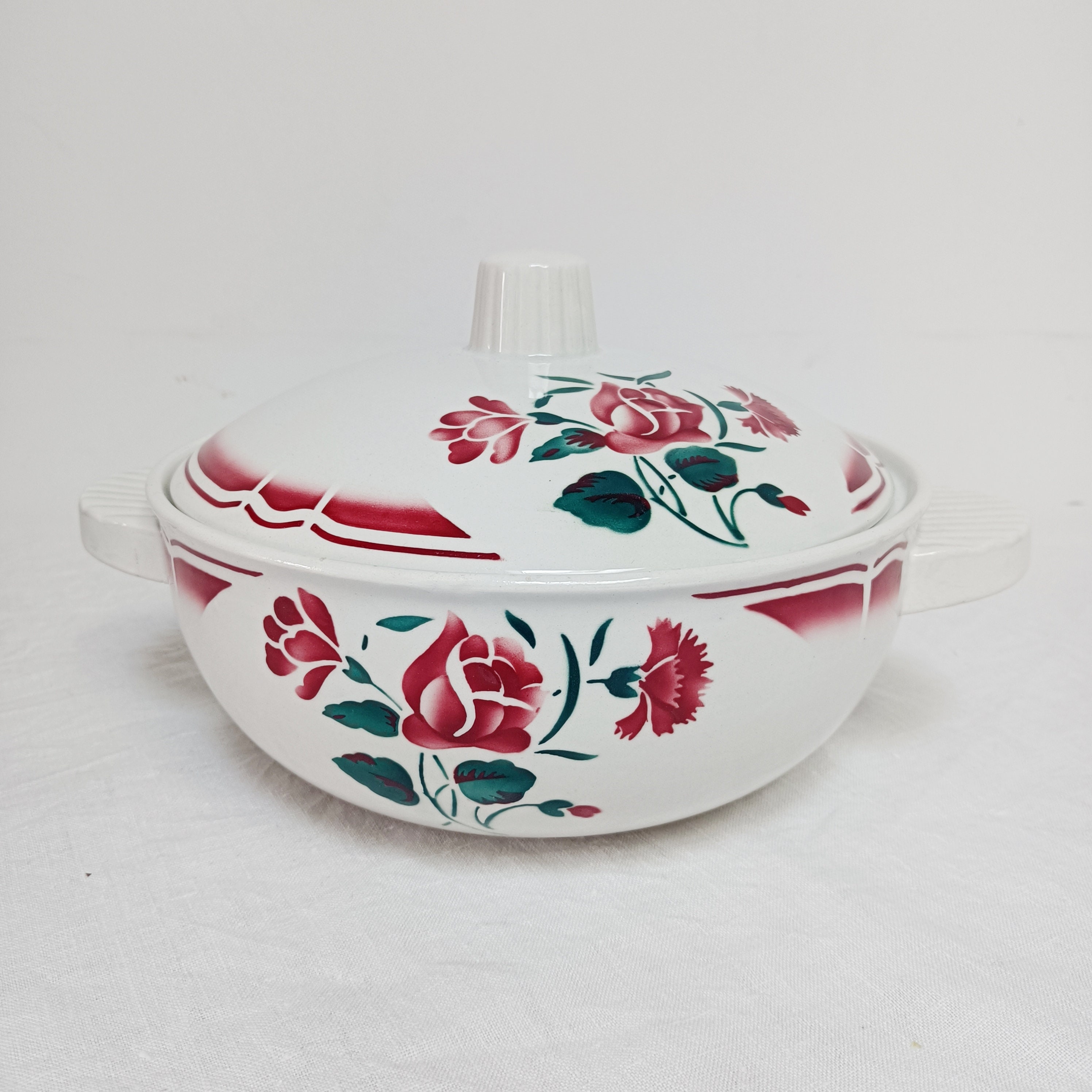 Soupière Fb Fenal Badonviller, Fleurs Rouges, Vintage