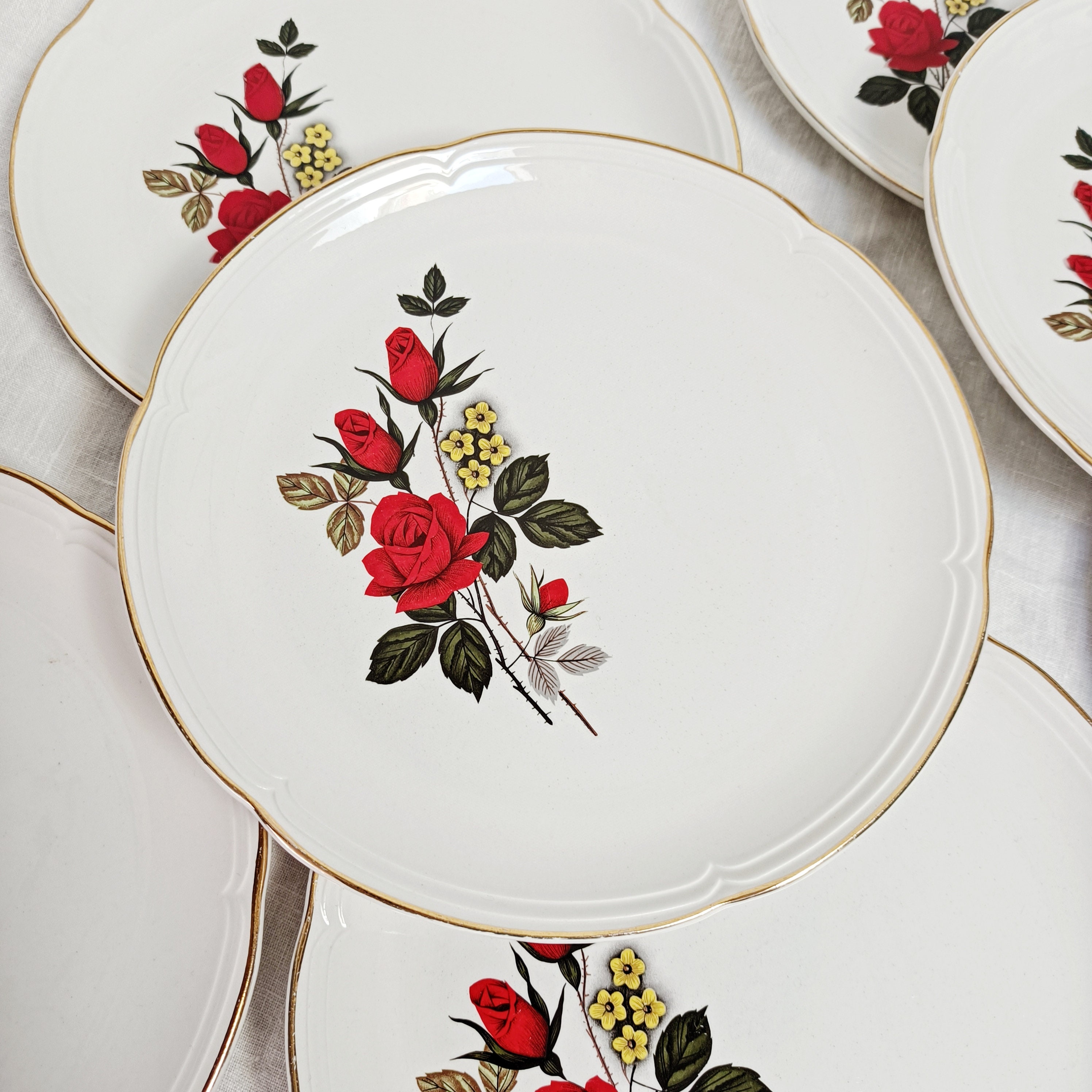 Set de 6 Assiettes Plates Orchies Moulin Des Loups Roses Rouges