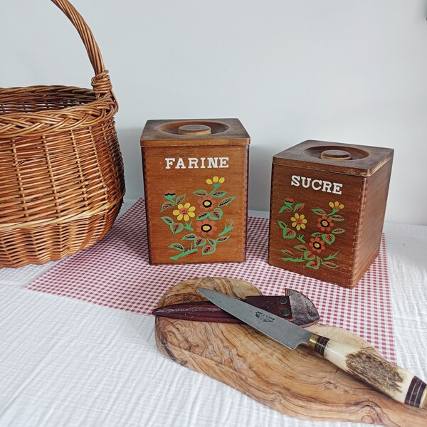 Lot de 2 boites, pots à épices en bois, ancien, vintage