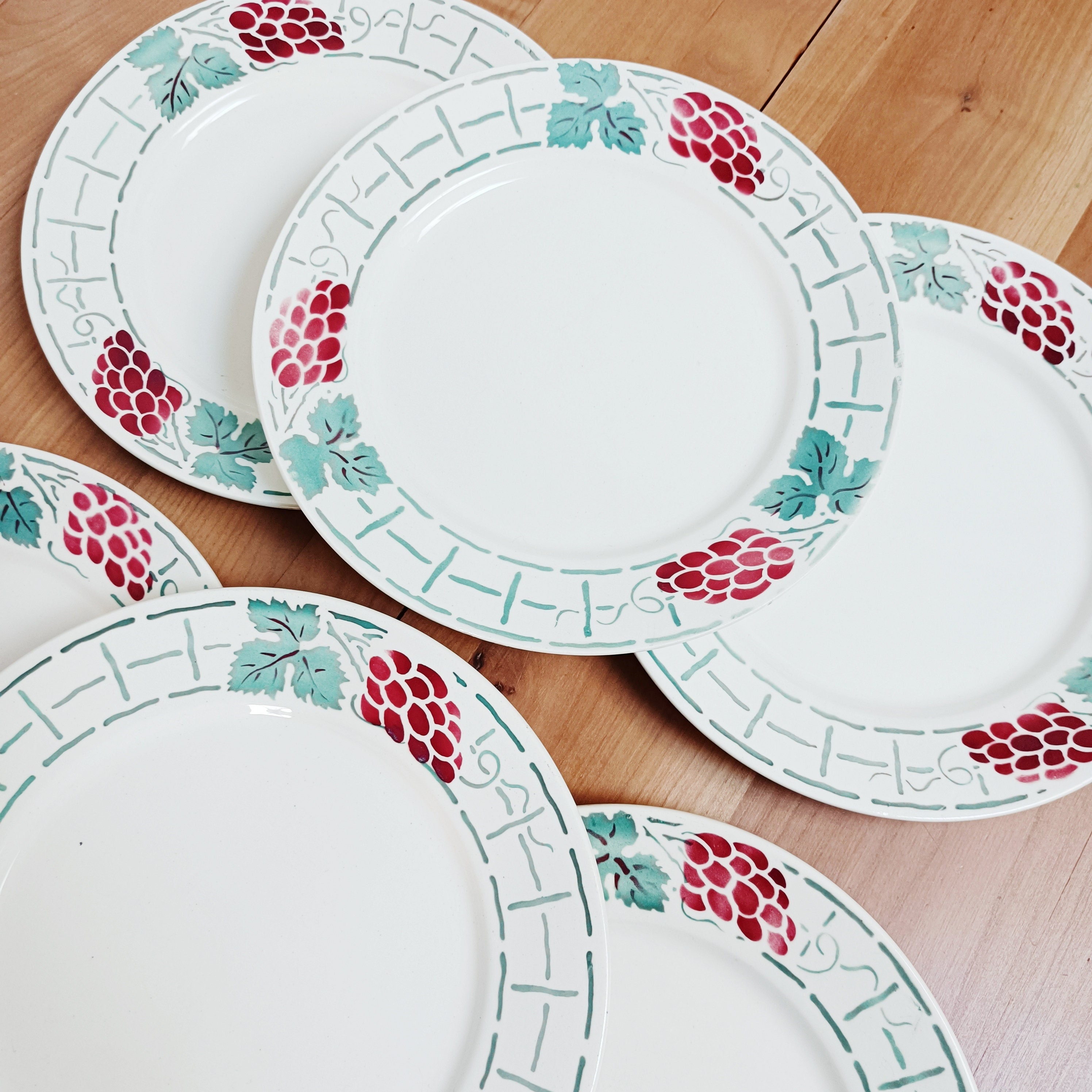 Lot de 6 Assiettes Plates Badonviller Meudon, Raisin Vigne, Vintage