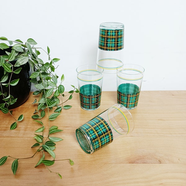 Lot de 4 verres à eau, décor vichy, carreaux écossais vert, vintage