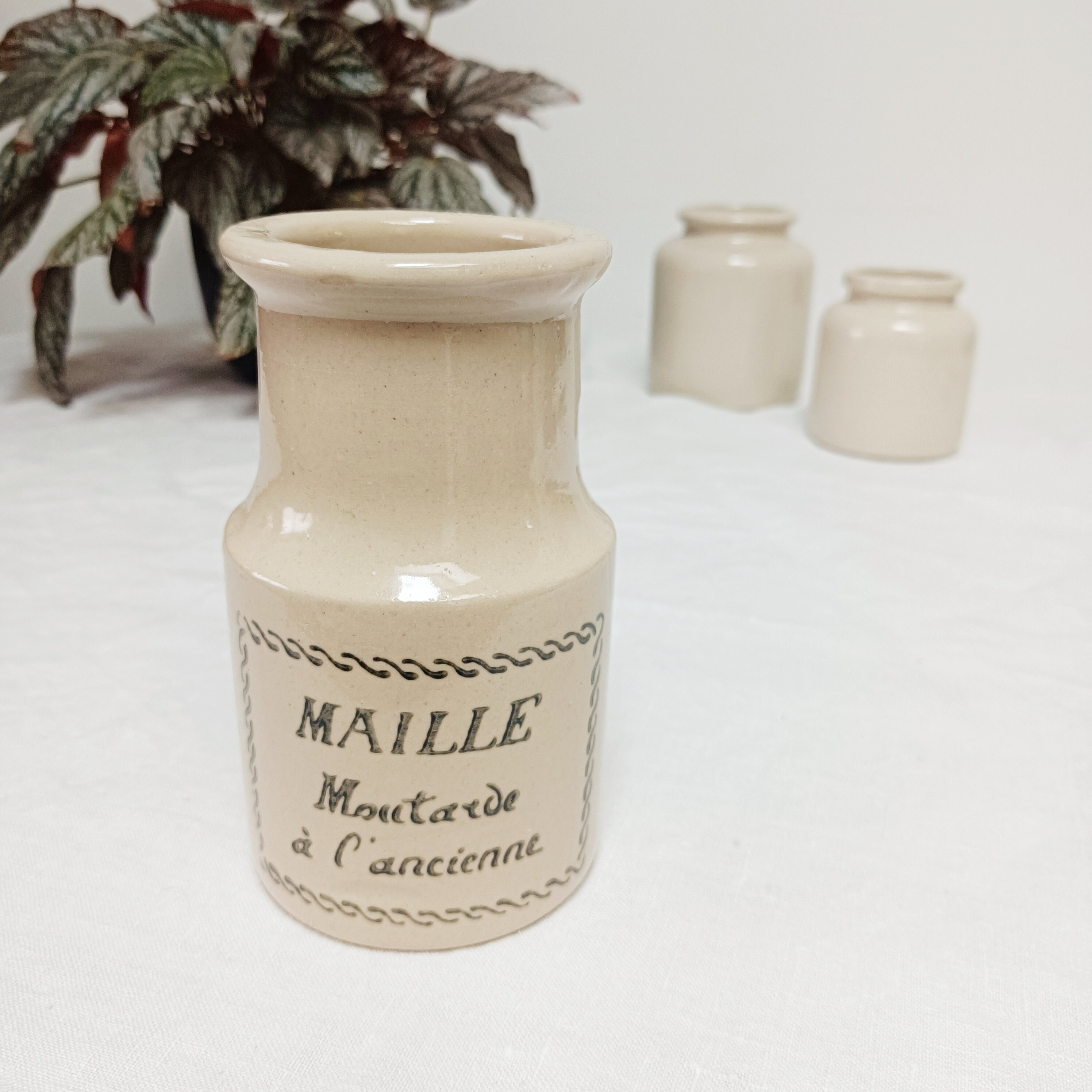 Ancien Pot à Moutarde Maille en Grès Beige, Vintage