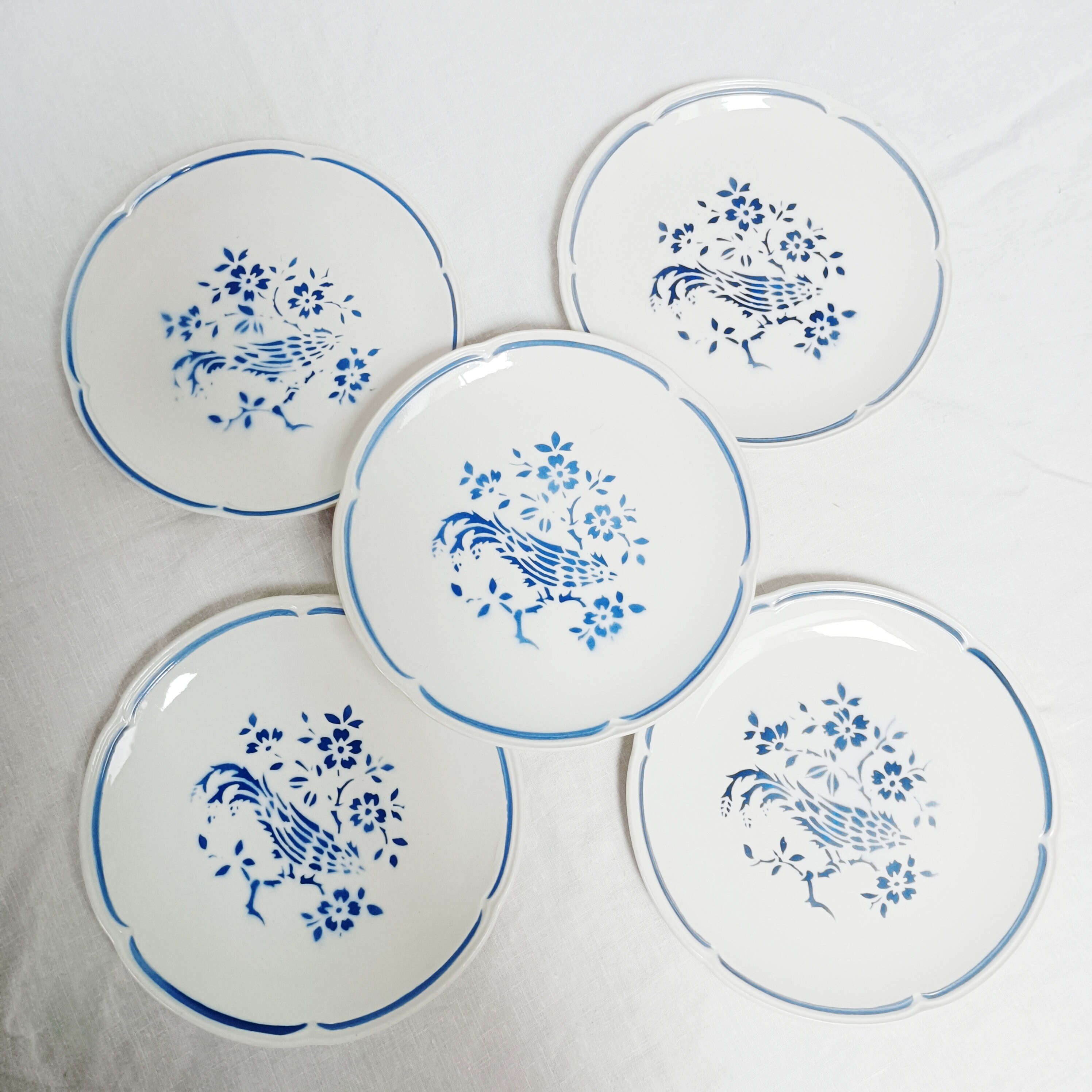 5 Assiettes Plates Moulin Des Loups , Oiseau Bleu, Vintage