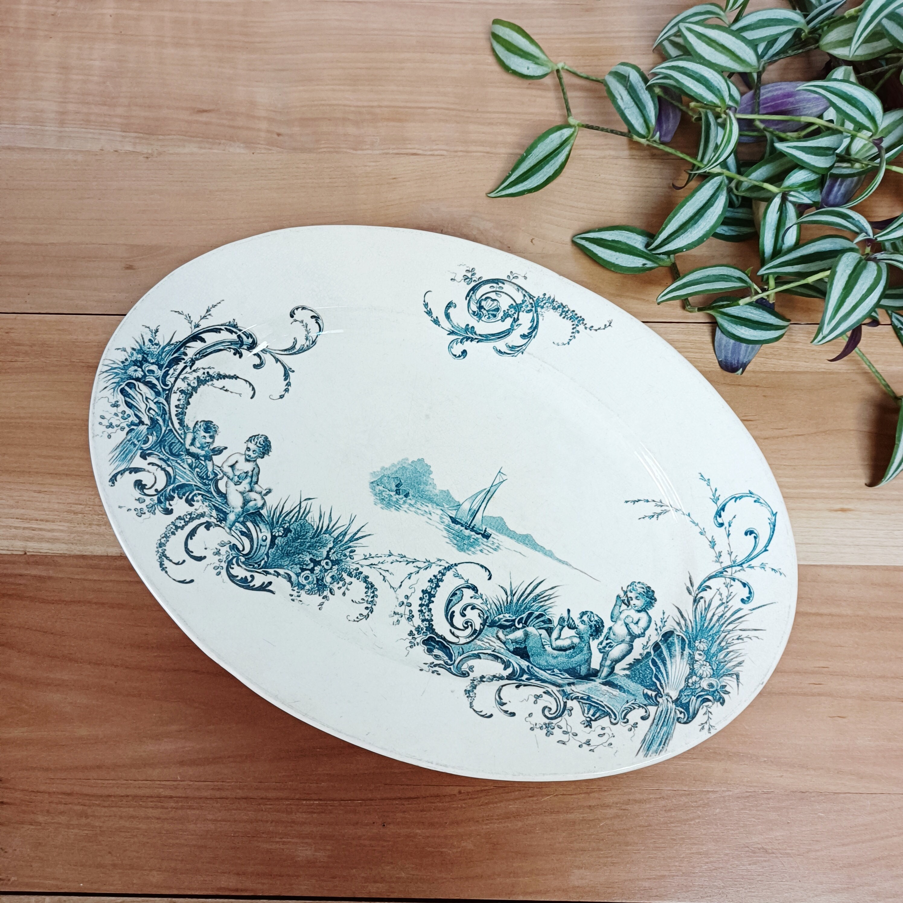 Plat Ovale Jvb Jules Vieillard, Neptune, Terre de Fer, Ancien, Vintage