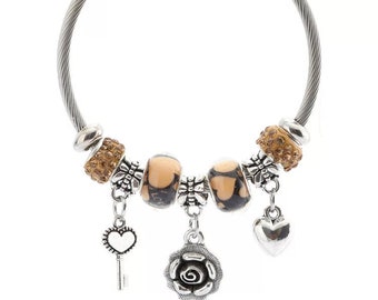 Heart rose flower adjustable charm bracelet