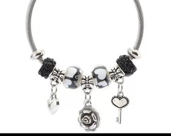 Heart rose flower adjustable charm bracelet