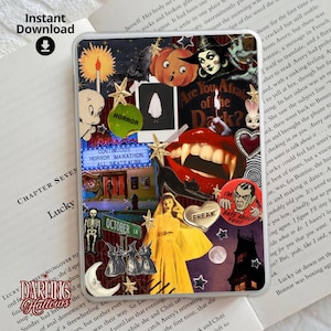 May include: A rectangular digital collage print featuring a vibrant Halloween theme with various horror-inspired illustrations including a pumpkin, a ghost, a black cat, vampire teeth, a skeleton, and a yellow-clad figure, all set against a dark background.
