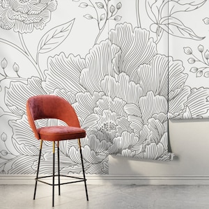 Gray Large Floral Wallpaper / Peel and Stick Wallpaper Removable Wallpaper Home Decor Wall Art Wall Decor Room Decor - C924