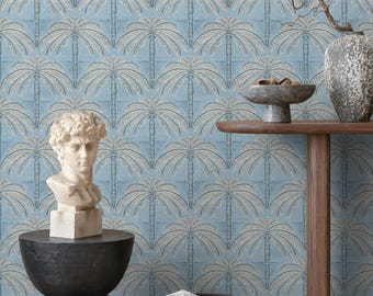 Tropical Wallpaper with a Stylized Palm Tree Motif in Blue, Beige, and Grey - E443