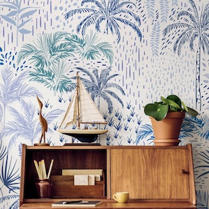 Modern Tropical Mid-Century Blue Teal Wallpaper - B089