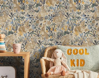 Botanical Wallpaper with Vintage Rabbits and Wildflowers in Blue, Yellow, and Green - E539