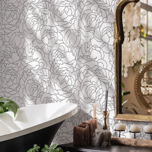 Floral Line Art Black White Wallpaper - C872