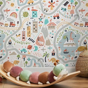 Whimsical Adventure Map Wallpaper - Light Blue & Peach - D504
