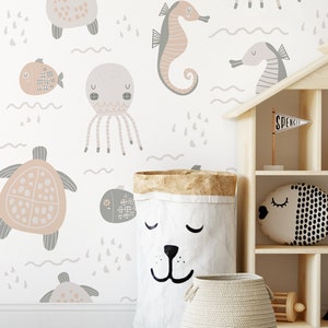 Neutral Nursery Animals Wallpaper / Peel and Stick Wallpaper Removable Wallpaper Home Decor Wall Art Wall Decor Room Decor - D113