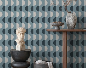 Geometric Wallpaper with Wavy Semi-Circles in Blue, Dark Blue, and Off-White - E396