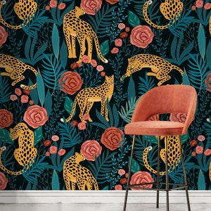 Tiger and Roses Garden Wallpaper / Peel and Stick Wallpaper Removable Wallpaper Home Decor Wall Art Wall Decor Room Decor - D155