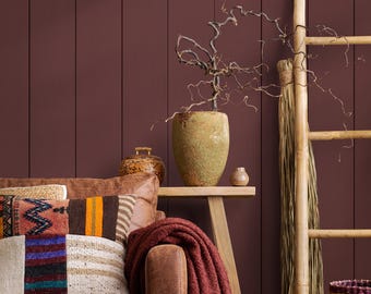 Wood Panel Wallpaper with a Vertical Slat Motif in Maroon - E565