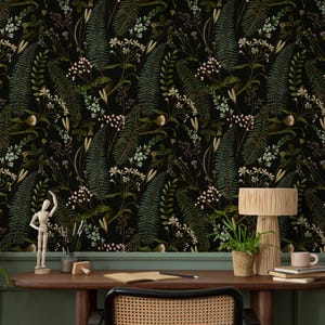 Botanical Wallpaper with Wildflowers and Ferns in Green, Brown, and Cream - E422