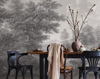 Scenic Wallpaper with a Vintage Pastoral Scene in Black and White - E498