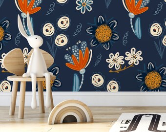 Wall Decor Wallpaper Peel and Stick Wallpaper Removable Wallpaper Home Decor Wall Art Room Decor / Navy and Orange Floral Wallpaper - B840